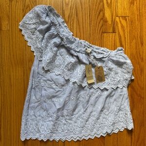 New American Eagle light blue + white striped off the shoulder lace details
